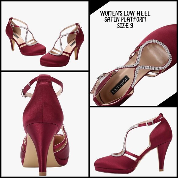 NWT WOMEN'S LOW HEEL, ANKLE STRAP, SATIN PLATFORM BURGANDY SIZE 9 - Picture 2 of 2